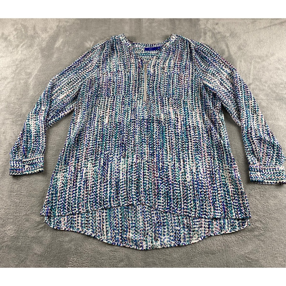 Apt 9 Womens XL Blue Dotted‎ Half Zip Roll Tab Sleeve High Low Blouse Top